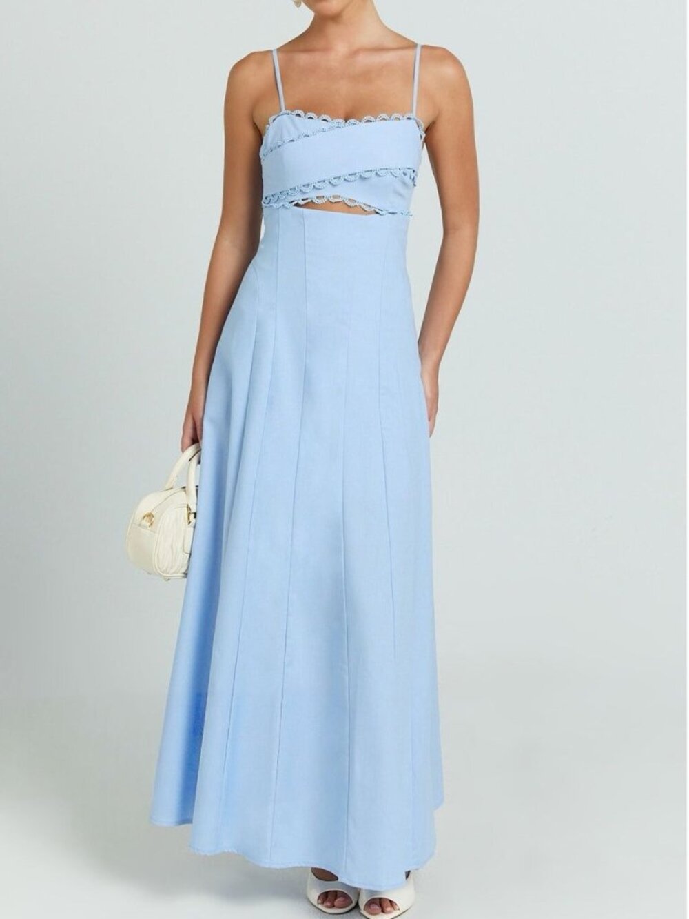 Showpo Light Blue Linen Blend Lace Trim Maxi Dress Size 4 Small